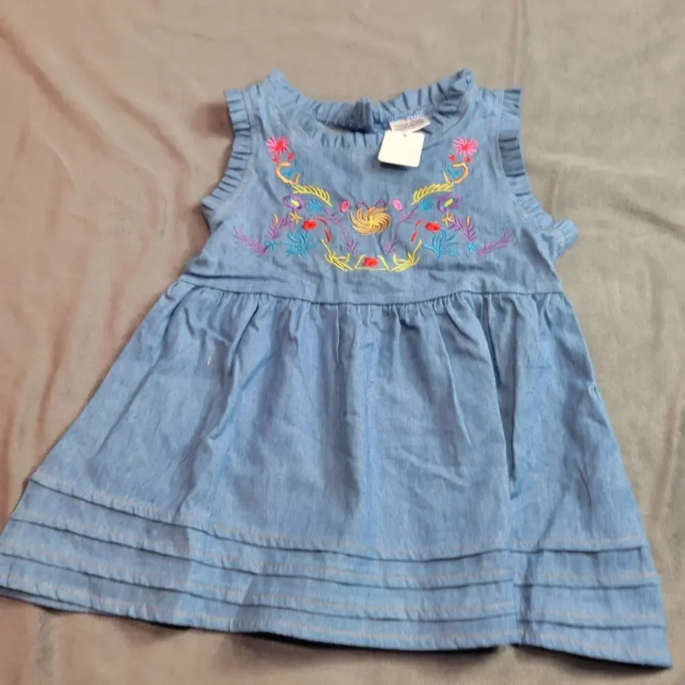 Boutique‎ Dress Girls Blue Pink Embroidered Flowers Chambray Size 18-24 Used